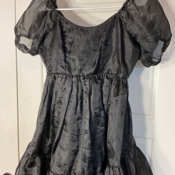 Thorn & Fable Black Organza Tiered Short Sleeve Mini Babydoll Dress SM - Picture 2 of 8
